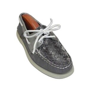 Sperry Top-Sider Embossed Snakeskin Grey/Metallic Silver Leather Boat Shoes- 6M
